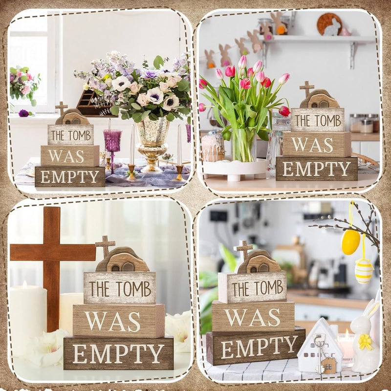 Lineshading 4 Pcs Easter Table Decorations Cross Wooden Sign Easter Religious Centerpieces Rustic Tomb Tiered Tray Decor Decorative Faux Book Stack Block Farmhouse for Home Kitchen Shelf - Image 5